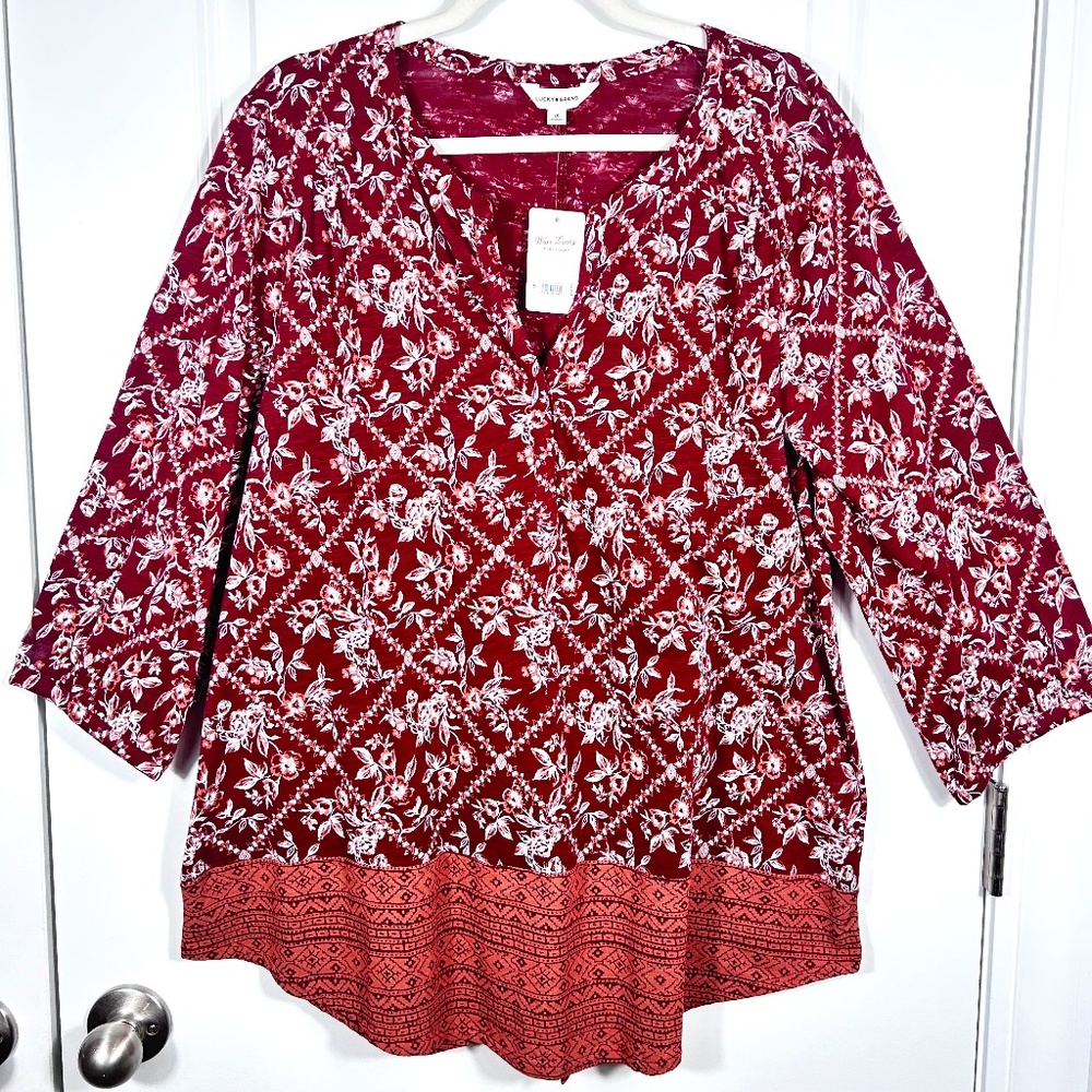 Woman Lucky Brand Henley Tunic Blouse 1X Long Sleeves Floral Cotton Rust Boho